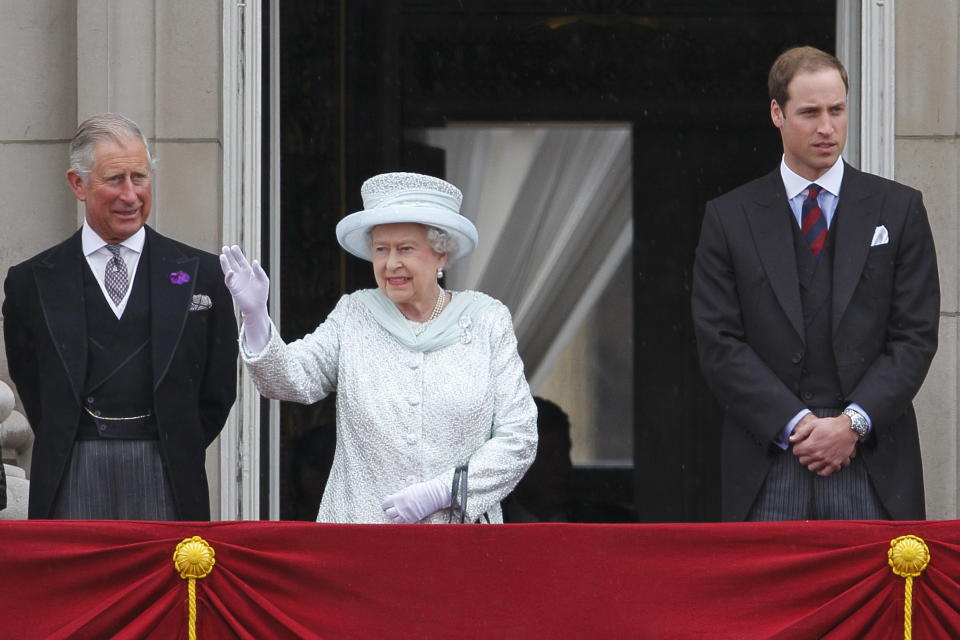 <p>Queen Elizabeth II with the future kings – son Charles and grandson William – commemorate the 60th anniversary of her ascending to the throne. (Getty)</p> 