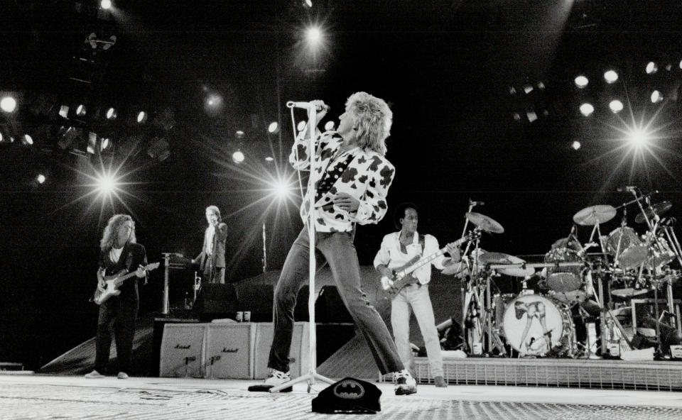 Skyplugs; anyone? SkyDome had its first taste of a full-out rock concert on June 8, 1989, as veteran pop star Rod Stewart fronted a show that was easy on the eyes but oh so hard on the ears. (Photo by Mike Slaughter/Toronto Star via Getty Images)