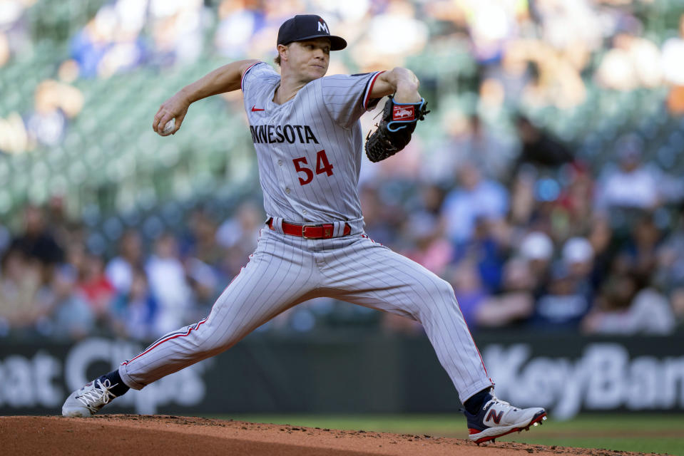 Minnesota Twins starter Sonny Gray delivers a pitch during the first inning of a baseball game against the Seattle Mariners, Monday, July 17, 2023, in Seattle. (AP Photo/Stephen Brashear)