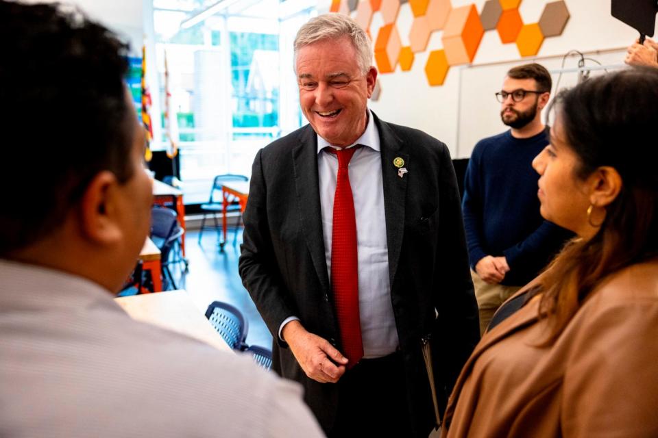 PHOTO: Maryland State Representative David Trone talks with constituents after a roundtable on Latino issues at a library in Hyattsville, MD, Oct. 15, 2023.  (The Washington Post via Getty Images)