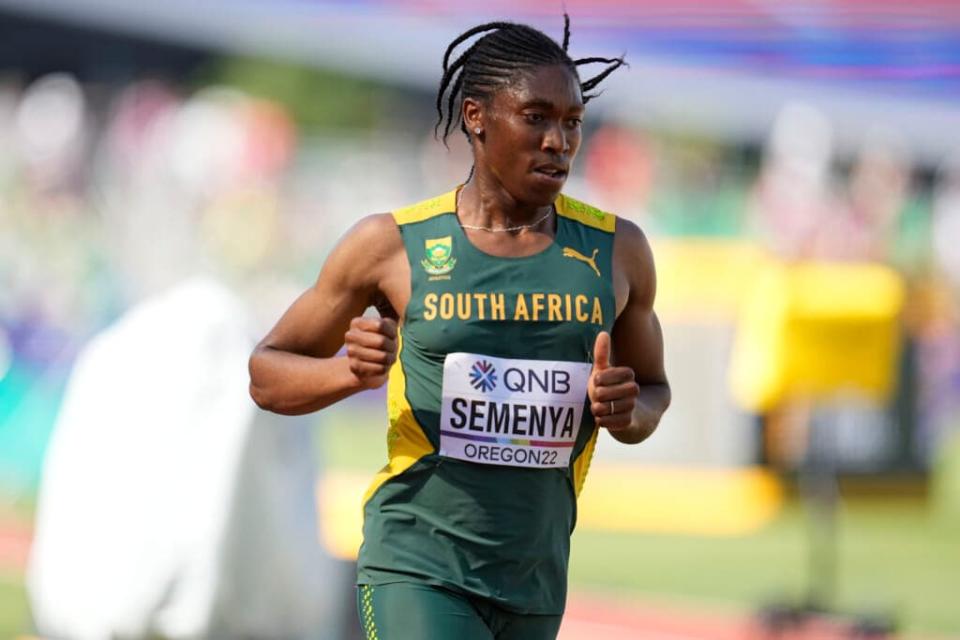 Caster Semenya, of South Africa, competes during a heat in the women’s 5000-meter run at the World Athletics Championships on Wednesday, July 20, 2022, in Eugene, Ore. (AP Photo/Ashley Landis)