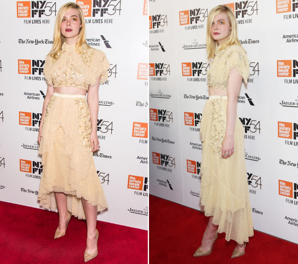 Gleich zweimal ließ dieses Wochenende Pastell-Queen Elle Fanning Fashionista-Herzen höherschlagen. Erst zeigte sie auf dem New York Film Festival in diesem zartgelben Chiffon-Traum von Rodarte – wunderbar kombiniert mit Metallic-Pumps von Jimmy Choo – ihre … (Bilder: Getty Images)