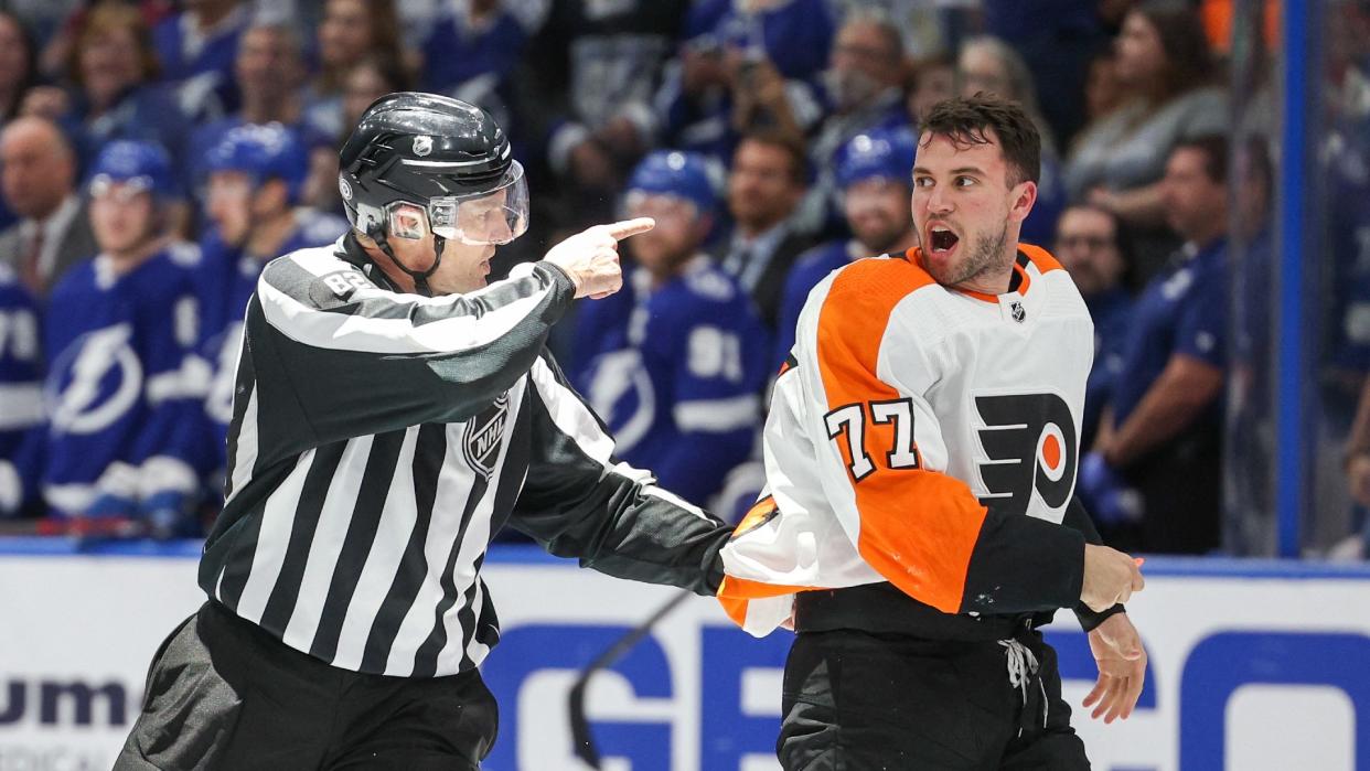 Tony DeAngelo was ejected from a game between the Philadelphia Flyers and Tampa Bay Lightning after he speared Corey Perry. (Reuters)