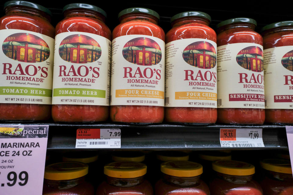 NEW YORK, NEW YORK - AUGUST 07: Jars of Rao's sauces are displayed along a grocery store's shelves on August 07, 2023 in New York City. U.S. packaged food maker Campbell Soup has announced that it will be buying Michael Angelo's and Rao's owner Sovos Brands (SOVO.O) for $2.33 billion in cash. This would be Campbell's largest acquisition since it paid $4.87 billion to buy pretzel leader Snyder's-Lance in 2018. (Photo by Spencer Platt/Getty Images)