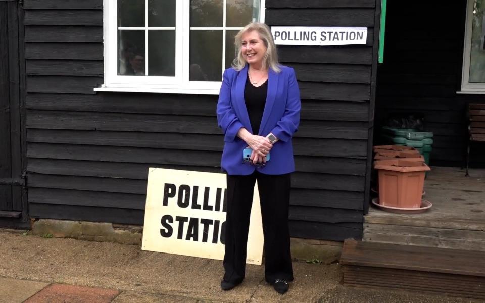 Susan Hall, the Conservative candidate in the London mayoral election, is pictured this morning as she arrived at a polling station at Hatch End Lawn Tennis Club, London