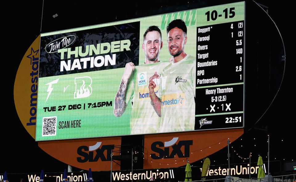 The scoreboard, pictured here showing the Sydney Thunder with the lowest score in in T20 history.