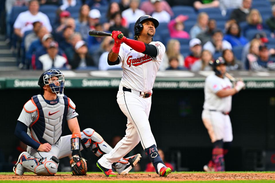 Guardians third baseman Jose Ramirez watches a solo homer clear the right field fence during the sixth inning of the Guardians' 2-1 win over the Detroit Tigers on Monday in Cleveland.