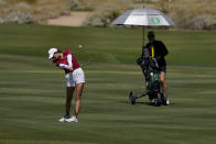 Stanford golfer Rose Zhang hits from the first fairway during the NCAA college women's golf championship title match at Grayhawk Golf Club against Oregon, Wednesday, May 25, 2022, in Scottsdale, Ariz. (AP Photo/Matt York)