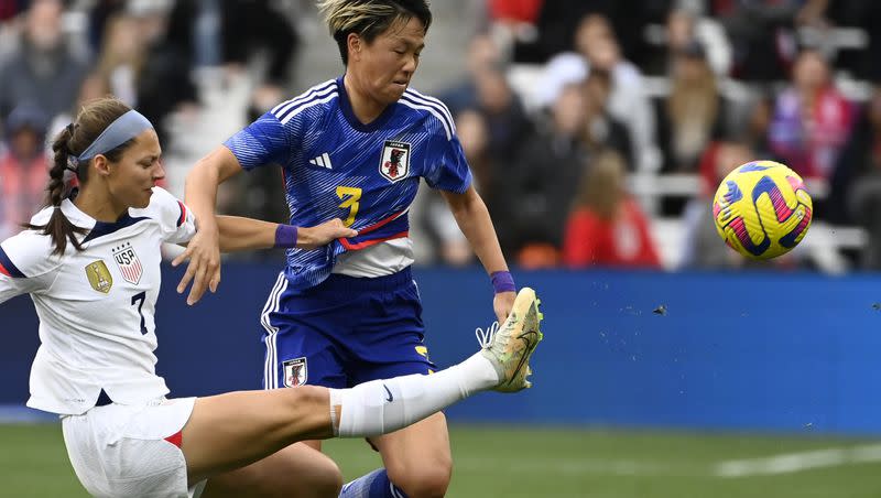 U.S. forward Ashley Hatch (7) kicks the ball away from Japan defender Moeka Minami during a SheBelieves Cup soccer match Sunday, Feb. 19, 2023, in Nashville, Tenn. The United States won 1-0. The former BYU star will be in Utah next week competing in a match as a member of the U.S. national team.