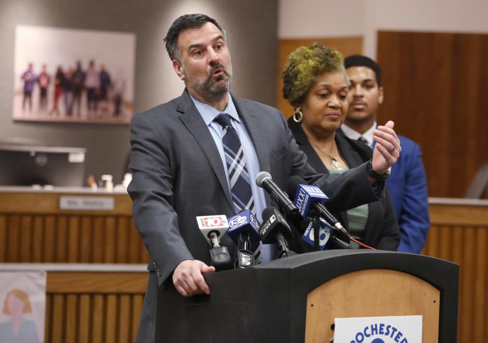 Rochester City School District Superintendent Carmine Peluso answers questions about his reasons for leaving during a press conference at the Rochester City School District offices Wednesday, March 27, 2024. Joining Peluo were Board of Eduction President Cynthia Elliott and Board Commissioner Isaiah Santiago.