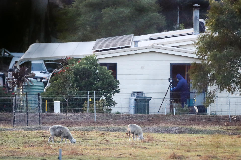 Police continue their crime scene investigations at first light at a rural property in Osmington, east of Margaret River, where seven bodies were found.