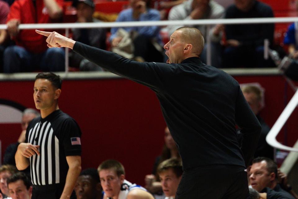 Brigham Young Cougars head coach Mark Pope yells from the sidelines during a men’s basketball game against the Utah Utes at the Jon M. Huntsman Center in Salt Lake City on Saturday, Dec. 9, 2023. | Megan Nielsen, Deseret News