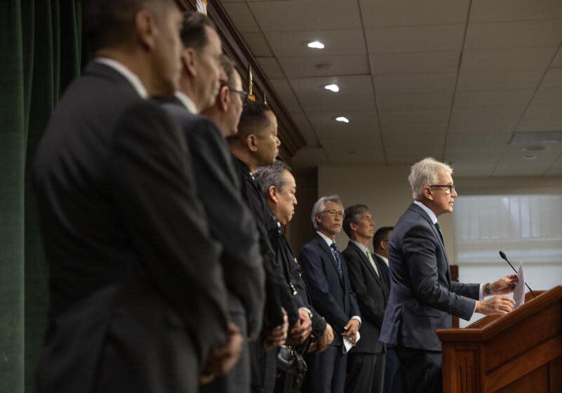 LOS ANGELES, CA- MARCH 28: Los Angeles District Attorney George Gascon announced charges against two suspects in the shooting death of Sidney Morris at an L.A. Live restaurant on November 28, 2023. Phillip Pasco Clark, 33, of Los Angeles and Santana Jermaine Kelly, 50, of Palmdale each face one count of murder and one count of conspiracy to commit a crime. Kelly also faces one felony count of arson of property of another. Photographed at the Hall of Justice in Los Angeles, CA on Thursday, March 28, 2024. (Myung J. Chun / Los Angeles Times)