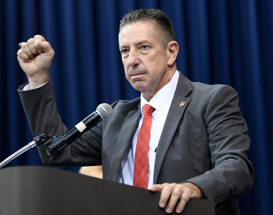 Sarasota County Sheriff Kurt A. Hoffman led the Pledge of Allegiance with a short speech afterwards during Saturday's Sarasota County Republican Candidates annual "Pie Rally" held at Robarts Arena in Sarasota.