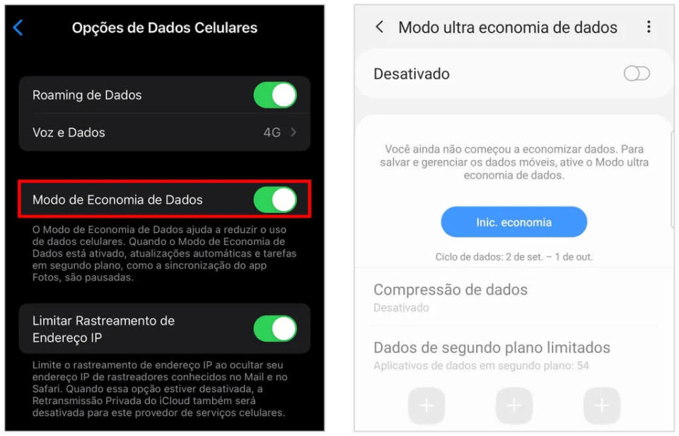 iPhone e Android possuem recursos para economizar dados móveis no celular (Captura de tela: Caio Carvalho)