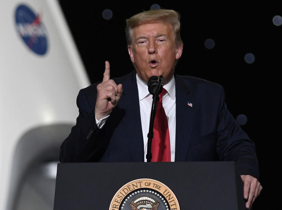 U.S. President Donald Trump speaks at NASA's successful launch of a Falcon 9 rocket. Source: Getty Images