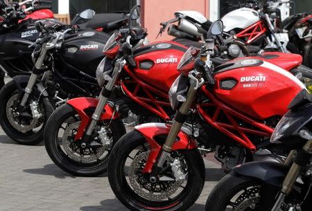 Ducati motorbikes are pictured in front of a shop in Berlin, April 18, 2012. REUTERS/Tobias Schwarz/Files