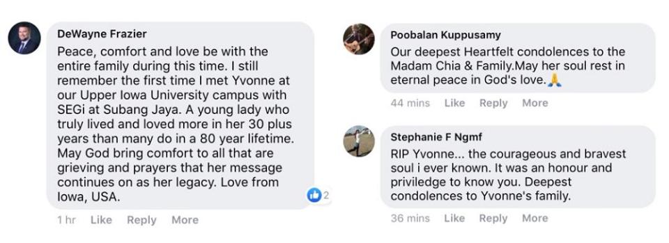 Messages of love and support poured in for Foong’s family over social media after hearing of her passing. — Screengrab via Facebook/Yvonne Foong.