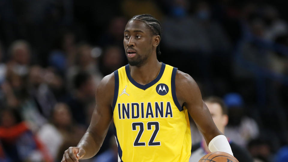 New Cavaliers guard Caris LeVert (22) in the first half of an NBA basketball game Friday, Jan. 28, 2022, in Oklahoma City. (AP Photo/Nate Billings)