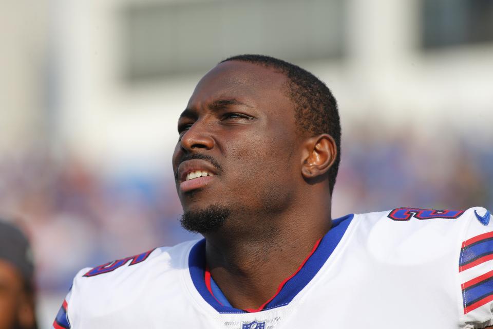 Buffalo Bills running back LeSean McCoy stands on the field during the second half of a preseason NFL football game against the Cincinnati Bengals, Sunday, Aug. 26, 2018, in Orchard Park, N.Y. (AP Photo/Jeffrey T. Barnes)