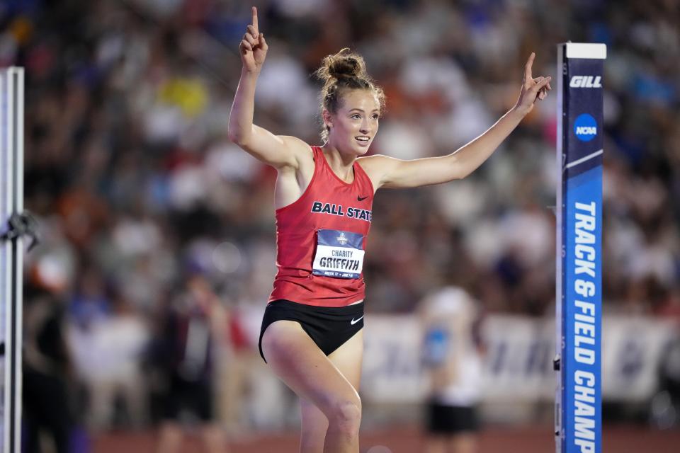 Jun 10, 2023; Austin, TX, USA; Charity Griffith of Ball State celebrates after winning the women's high jump at 6-4 (1.93m) during the NCAA Track & Field Championships at Mike A. Myers Stadium.