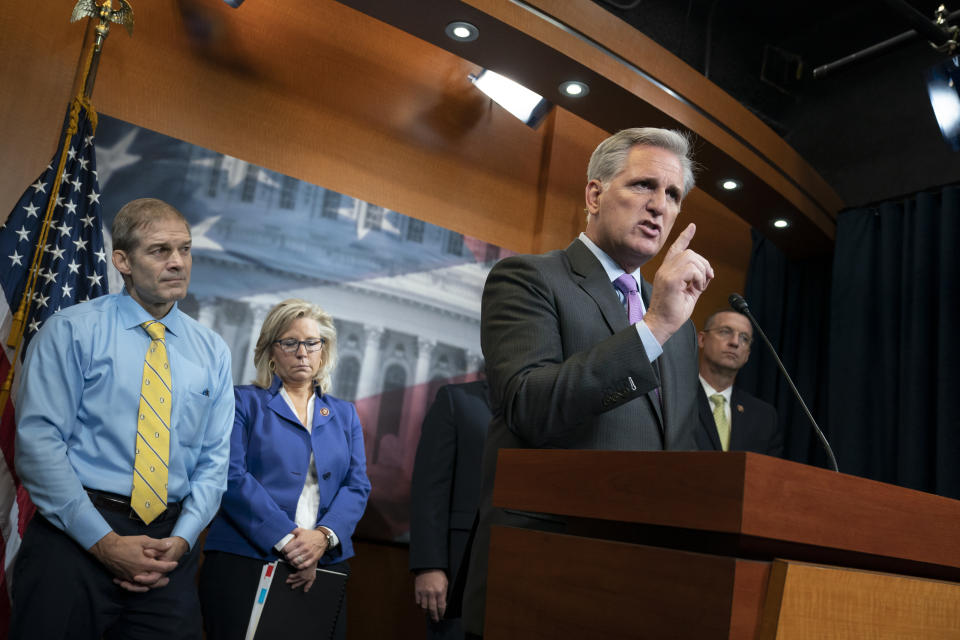 House Republican Leader Kevin McCarthy, D-Calif., joined from left by, Rep. Jim Jordan, R-Ohio, a member of the House Judiciary Committee, Republican Conference chair Rep. Liz Cheney, R-Wyo., and Rep. Doug Collins, R-Georgia, the top Republican on the House Judiciary Committee, criticizes House Speaker Nancy Pelosi, D-Calif., and the Democrats for launching a formal impeachment inquiry against President Donald Trump, at the Capitol in Washington, Wednesday, Sept. 25, 2019. (AP Photo/J. Scott Applewhite)