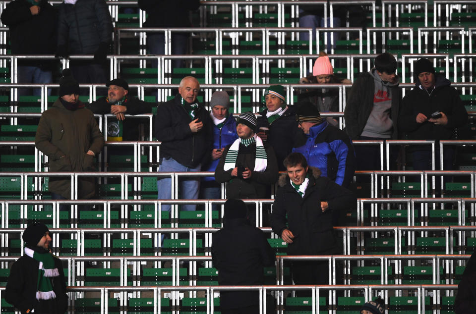 Supporters during the UEFA Champions League Group C match between Celtic FC and FC Barcelona at Celtic Park Stadium on November 23, 2016 in Glasgow, Scotland.