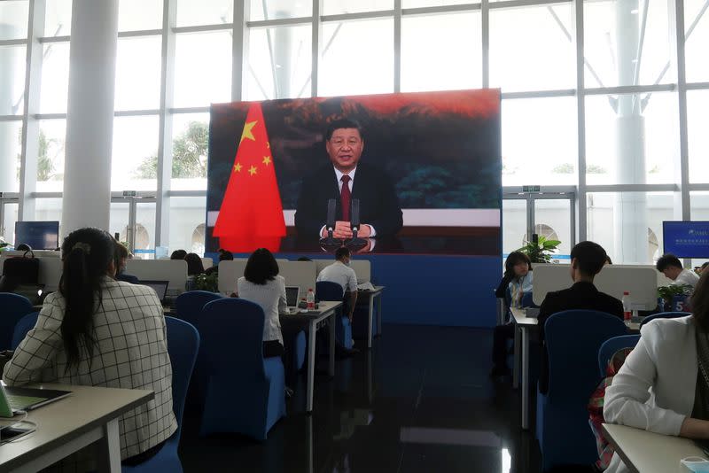 Chinese President Xi Jinping delivers via video link a keynote speech at the opening ceremony of the Boao Forum for Asia