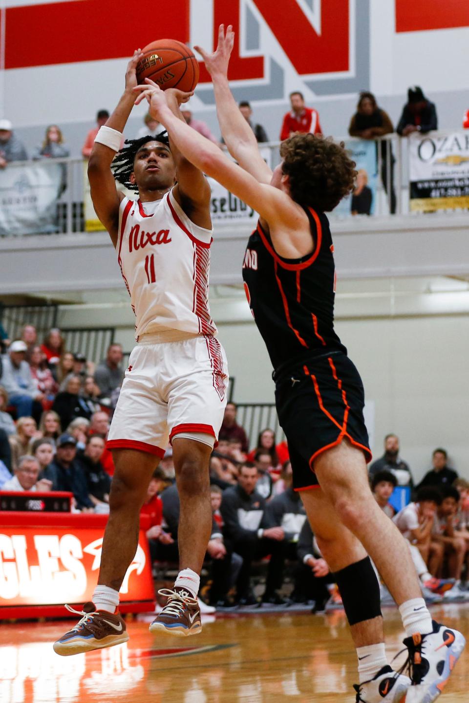 Nixa's Kael Combs shoots a field goal as the Eagles take on the Republic Tigers during a game on Tuesday, Feb. 7, 2023.