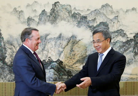 British Secretary of State for International Trade Liam Fox meets Chinese Vice Premier Hu Chunhua at the Zhongnanhai Leadership Compound in Beijing, China, August 23, 2018. REUTERS/Thomas Peter/Pool