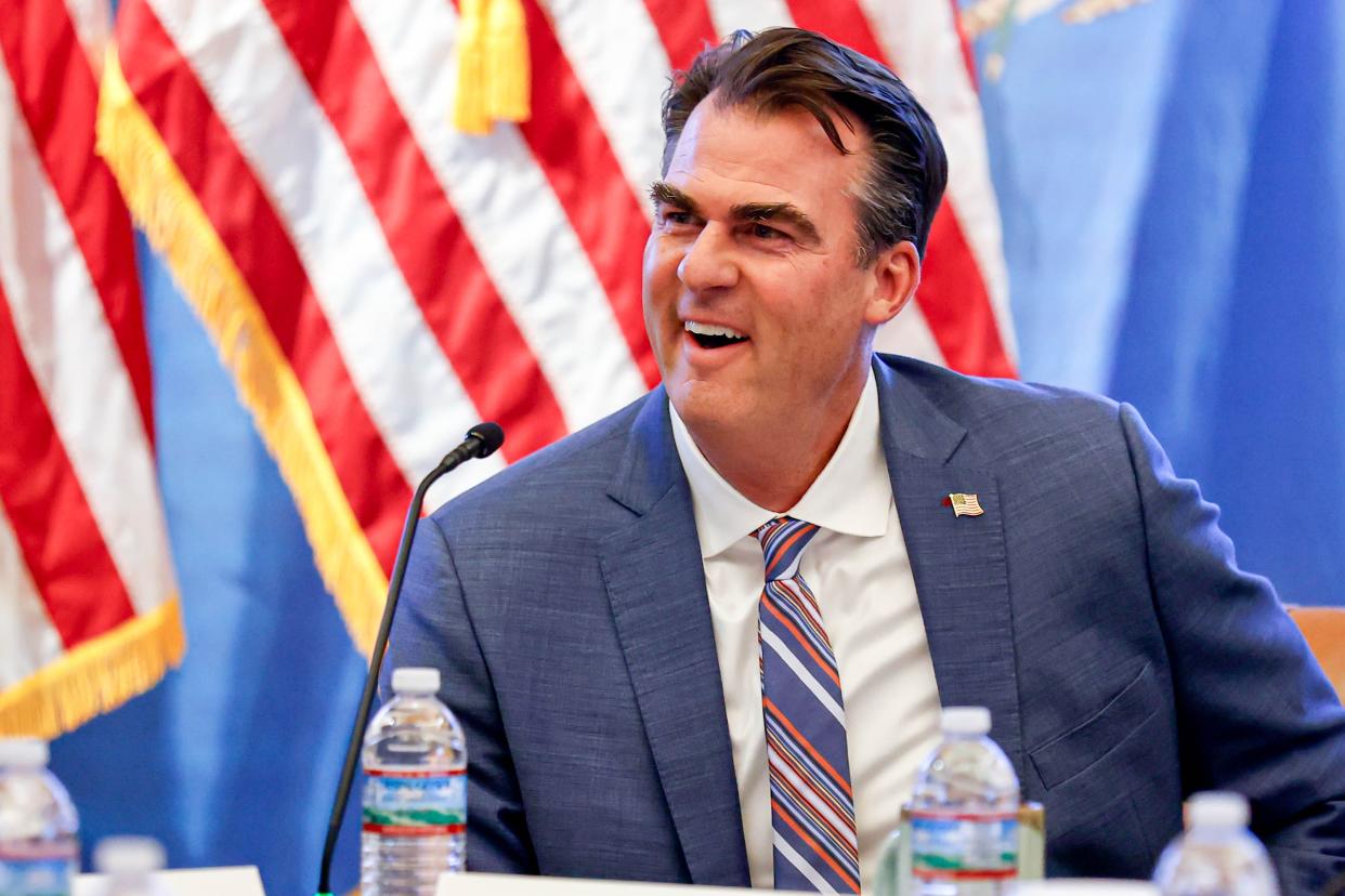 Oklahoma Gov. Kevin Stitt speaks during a budgetary meeting this month at the Oklahoma Capitol.