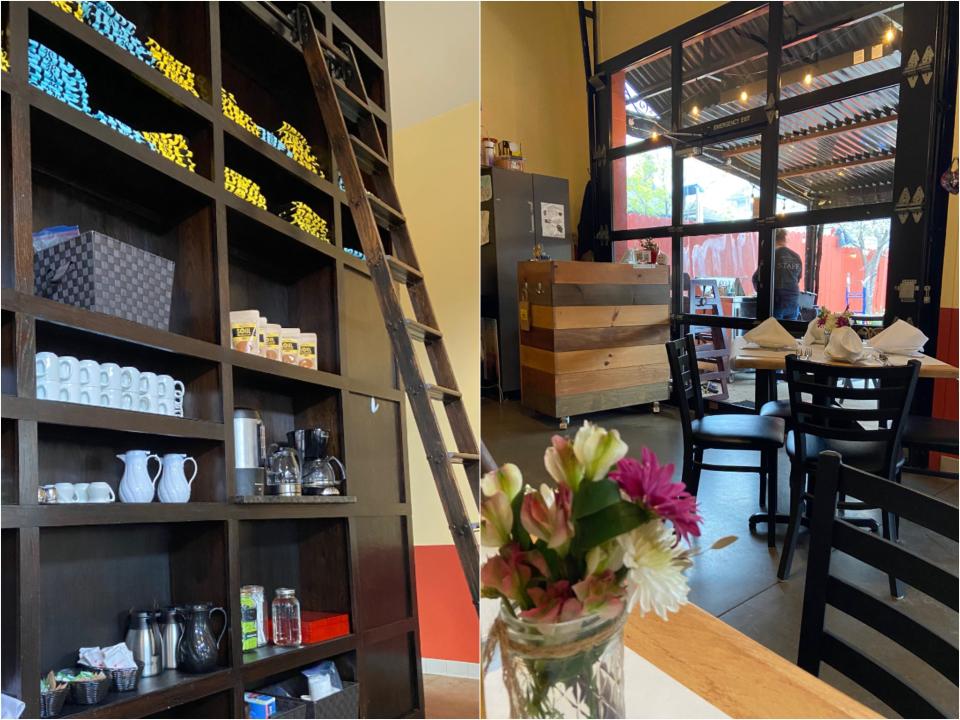 Side by side of dark wood shelves to the ceiling with a rolling ladder attached. The shelves are filled with appliances and bright merchandise and Soul Seasoning pouches. A photo of the garage door with glass panes across from the restaurant.