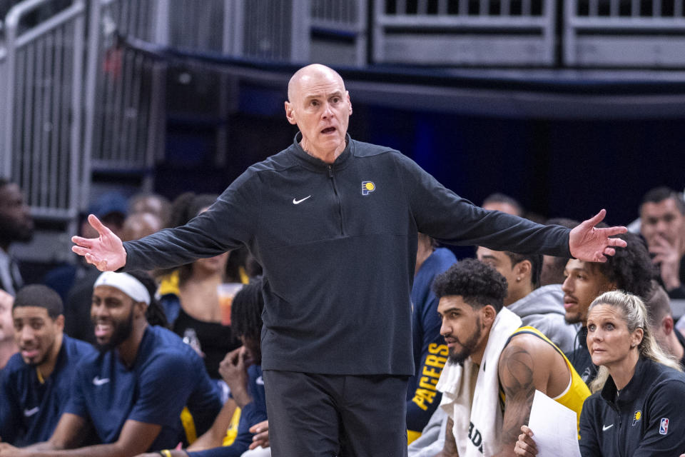 Indiana Pacers head coach Rick Carlisle reacts to action on the court during the first half of an NBA basketball game against the Orlando Magic in Indianapolis, Sunday, Nov. 19, 2023. (AP Photo/Doug McSchooler)