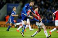 Jamie Vardy scores the first goal for Leicester City and breaks a record after scoring in eleven consecutive Premier League games Action Images via Reuters / John Sibley