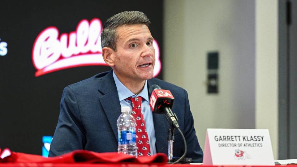 Garrett Klassy speaks to the media and other VIPs after being introduced as Fresno State’s athletic director during a news conference at Fresno State’s Josephine Theater on Friday, June 28, 2024.