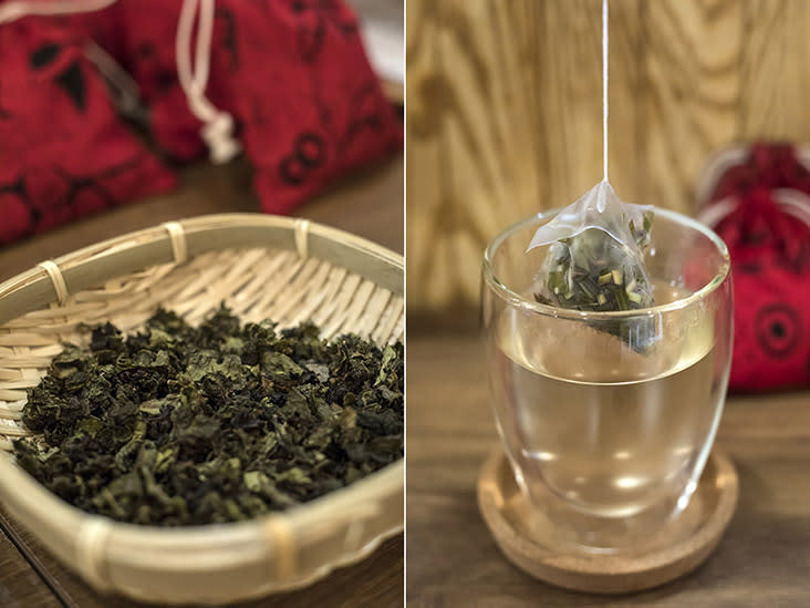 Basket of tea leaves (left) and Lemongrass Ginger Tea (right).