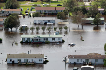 Floodwater-damaged homes are seen from the air, caused by Hurricane Florence, now downgraded to a tropical depression, near Lumberton, North Carolina, U.S., September 17, 2018. REUTERS/Jason Miczek