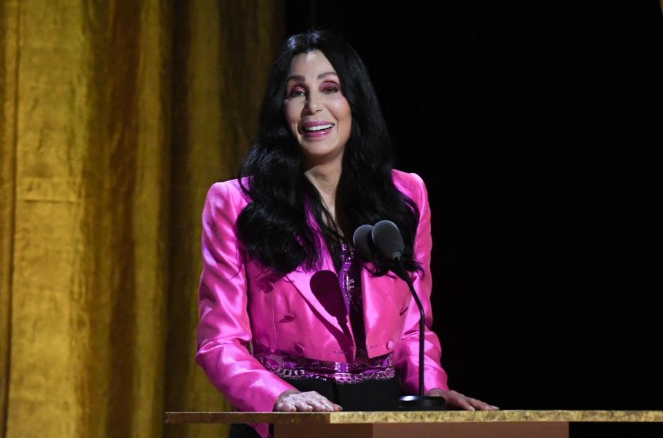 US singer-actress Cher speaks on stage during the Academy of Motion Picture Arts and Sciences&#39; 13th Annual Governors Awards at the Fairmont Century Plaza in Los Angeles on November 19, 2022. (Photo by VALERIE MACON / AFP) (Photo by VALERIE MACON/AFP via Getty Images)