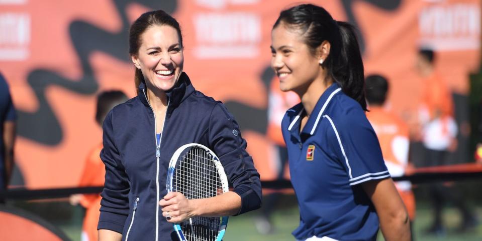 london, england   september 24 catherine, duchess of cambridge l plays a game of tennis with us open champion emma raducanu r at the lta centre in roehampton on september 24, 2021 in london, england photo by jeremy selwyn   wpa poolgetty images