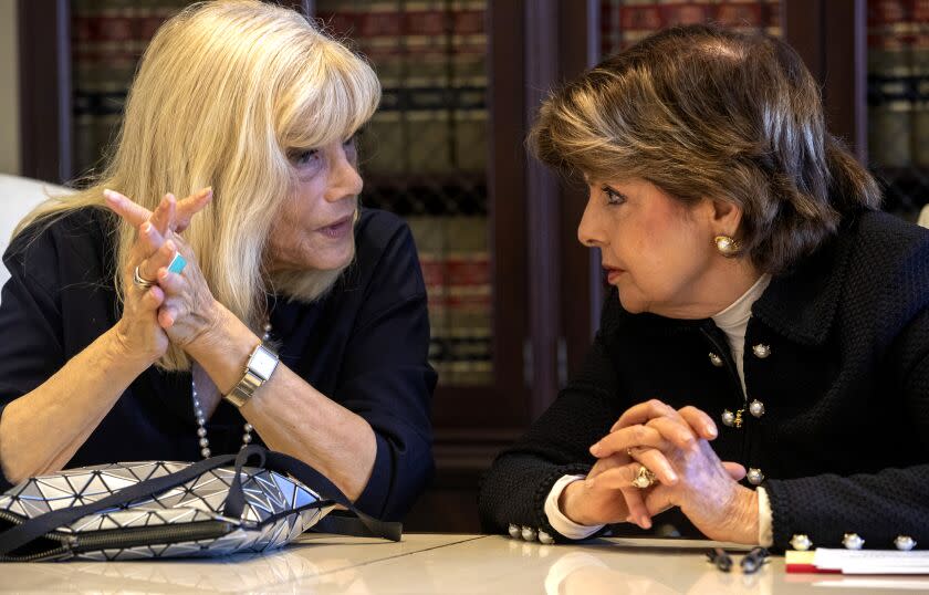 LOS ANGELES, CALIF. -- TUESDAY, SEPTEMBER 11, 2018: Former television executive Phyllis Golden-Gottlieb, left, talks about abuse at the hands of Les Moonves in the law offices of Gloria Allred, right, in Los Angeles, Calif., on Sept. 11, 2018. Golden-Gottlieb worked with Moonves in the 1980s. She said Moonves forced her to perform oral sex on him.(Brian van der Brug / Los Angeles Times)