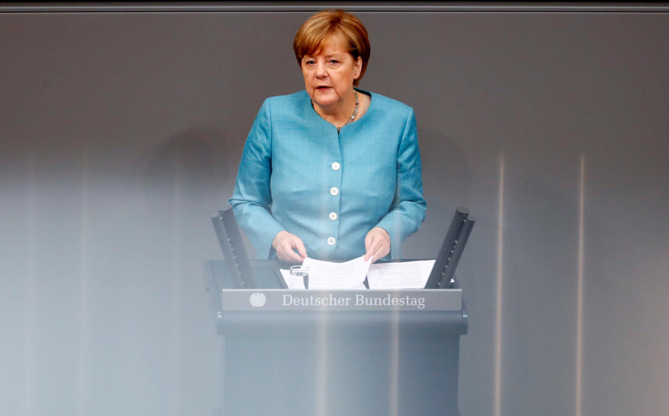 German Chancellor Angela Merkel addresses the lower house of parliament.&nbsp; (Photo: Fabrizio Bensch / Reuters)