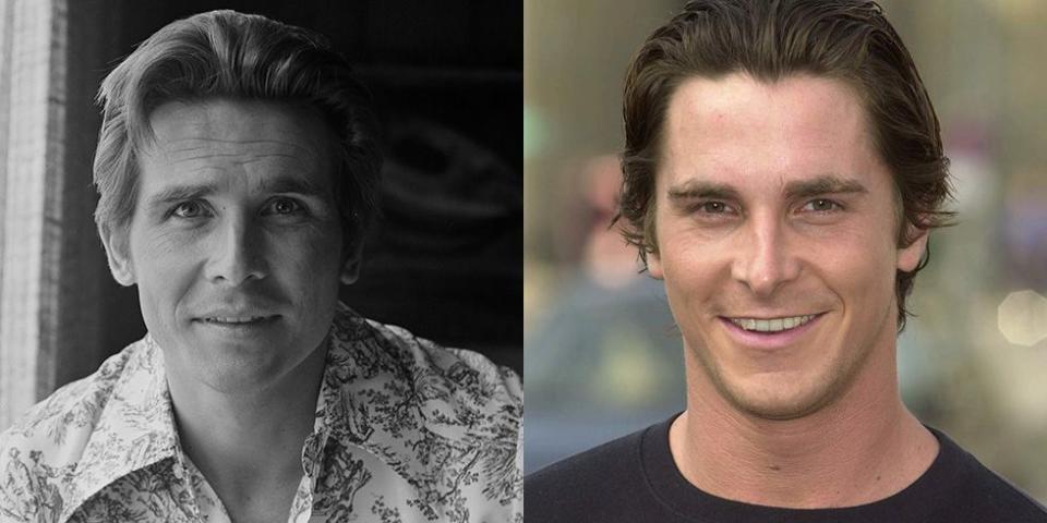 <p>His deep set brown eyes, prominent nose, and strong eyebrows make Christian Bale a lookalike for a young James Brolin. </p>
