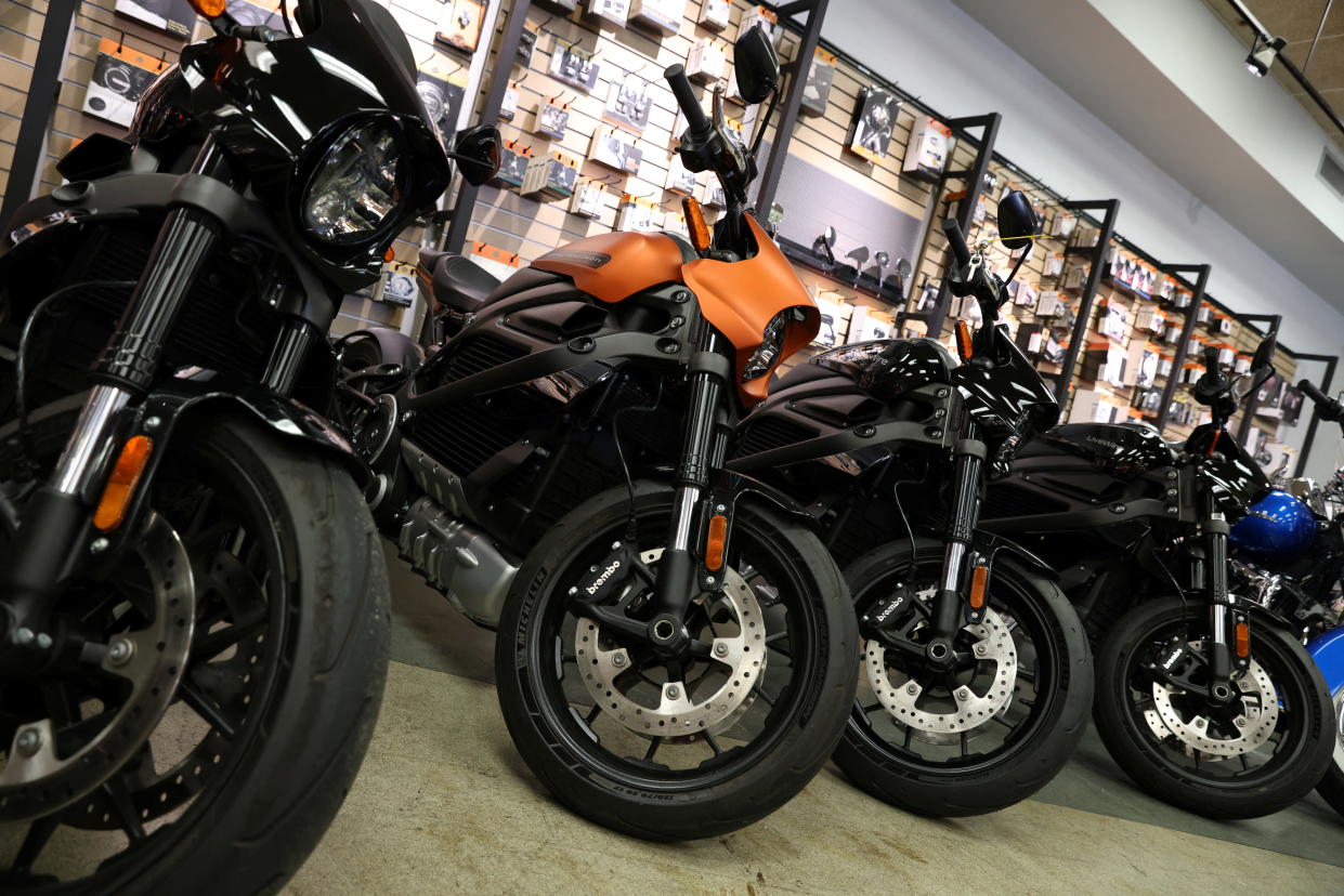 Harley-Davidson and LiveWire electric motorcycles are seen at a Harley-Davidson dealership in Queens, New York, U.S., February 7, 2022. REUTERS/Andrew Kelly