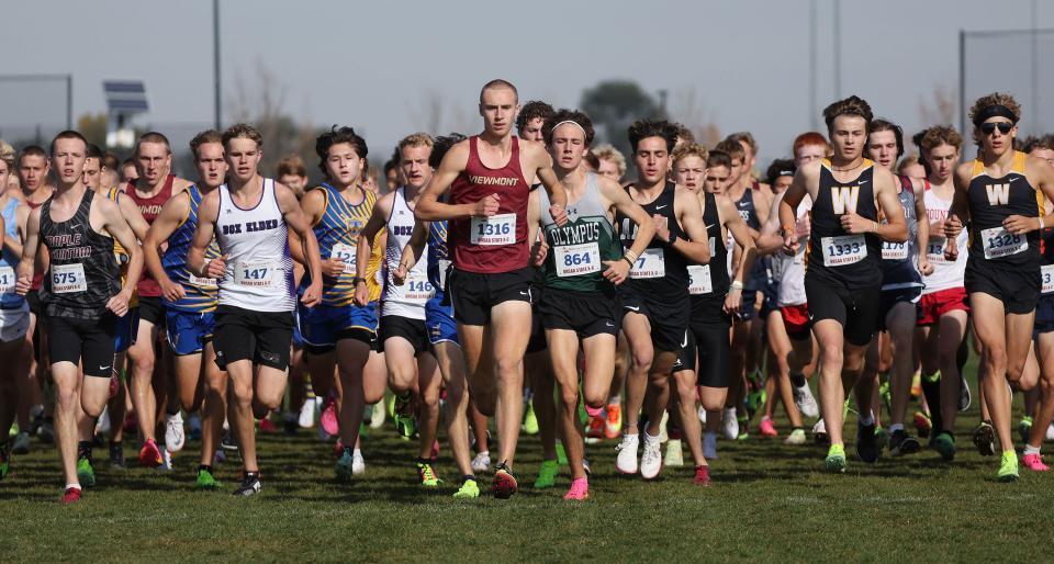 Action from the 5A boys cross-country state championship race at the Regional Athletic Complex in Rose Park on Tuesday, Oct. 24, 2023. | Jeffrey D. Allred, Deseret News