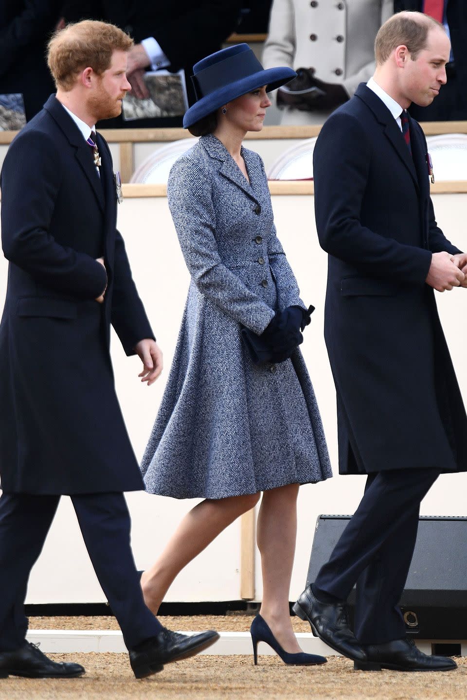 <p>In a Michael Kors coat dress with black gloves, almond-toe pumps and a brimmed hat while attending a service of commemoration in central London </p>