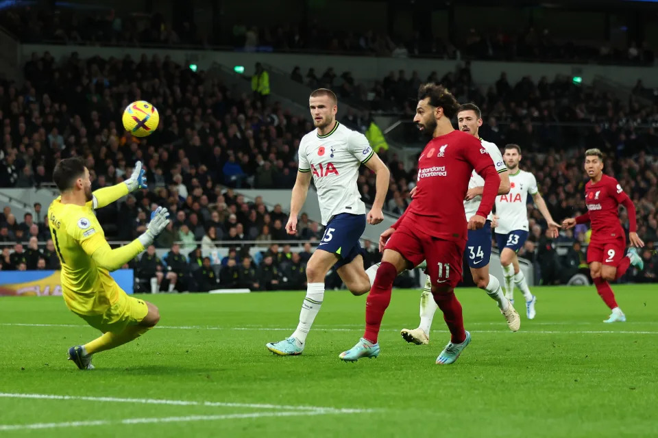 LONDON, ENGLAND - NOVEMBER 06:  Mohamed Salah of Liverpool scores the 2nd goal during the Premier League match between Tottenham Hotspur and Liverpool FC at Tottenham Hotspur Stadium on November 6, 2022 in London, United Kingdom. (Photo by Marc Atkins/Getty Images)