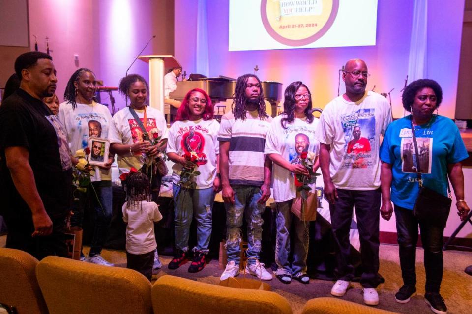 Family members of Randy Johnson pose for a photo following a candlelight ceremony as a part of National Crime Victims’ Rights Week at First Baptist Church of Gulfport on Tuesday, April 23, 2024. Randy Johnson, 41, was shot and killed on Sept. 18, 2021 at the Golden Nugget Casino in Biloxi.