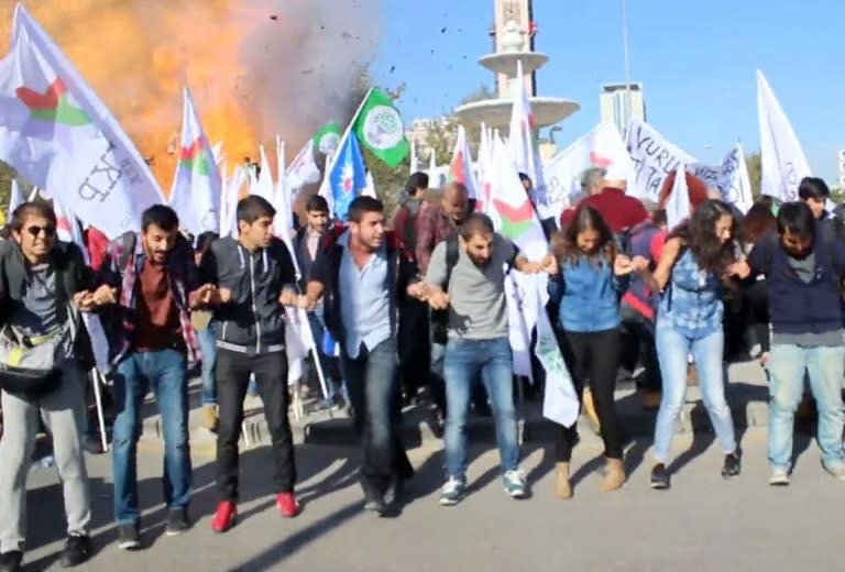 This video grab image shows the moment one of two blasts ripped through a peace rally in Ankara on October 10, 2015 in modern Turkey's deadliest ever attack