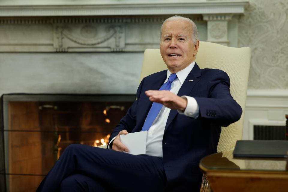 WASHINGTON, DC - NOVEMBER 02: U.S. President Joe Biden tells reporters that 74 dual-citizen Americans have left Gaza at the conclusion of a photo opportunity with Dominican Republic President Luis Abinader in the Oval Office at the White House November 02, 2023 in Washington, DC. The two heads of state are holding a bilateral meeting ahead of Friday's inaugural Americas Partnership for Economic Prosperity Leaders’ Summit, a gathering of Western Hemisphere leaders hosted by the White House.