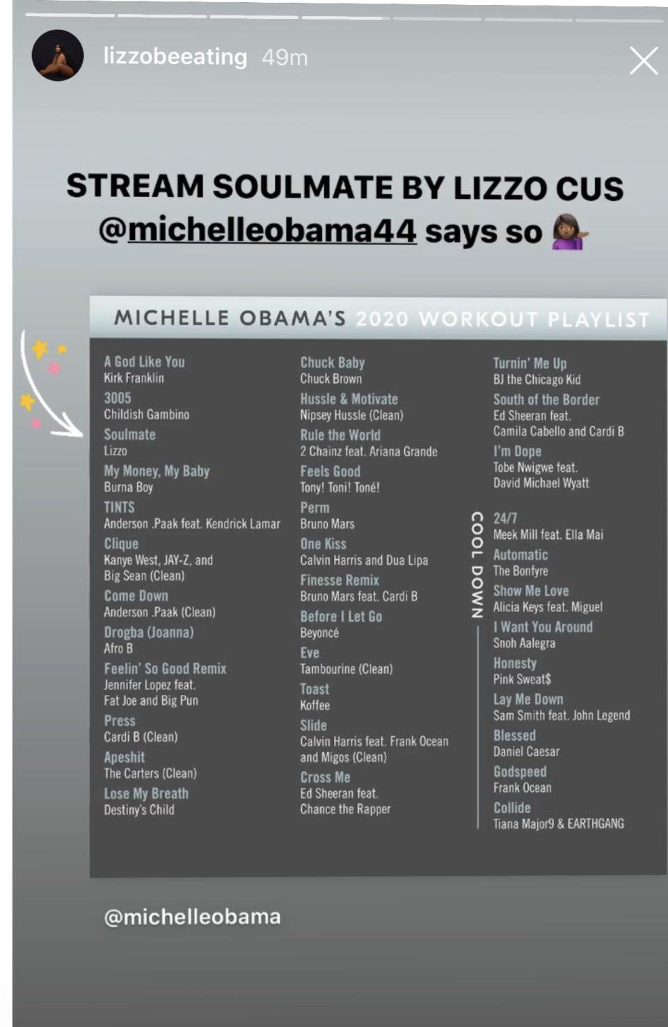Lizzo shares her excitement over appearing on Michelle Obama's workout playlist. (Instagram/Lizzo)